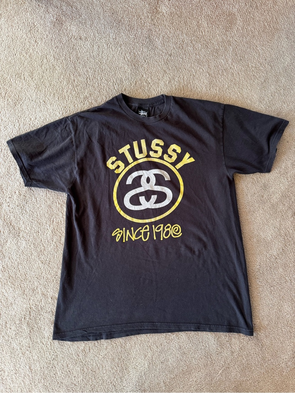 Stussy Black Tee with Yellow White Logo Size Large